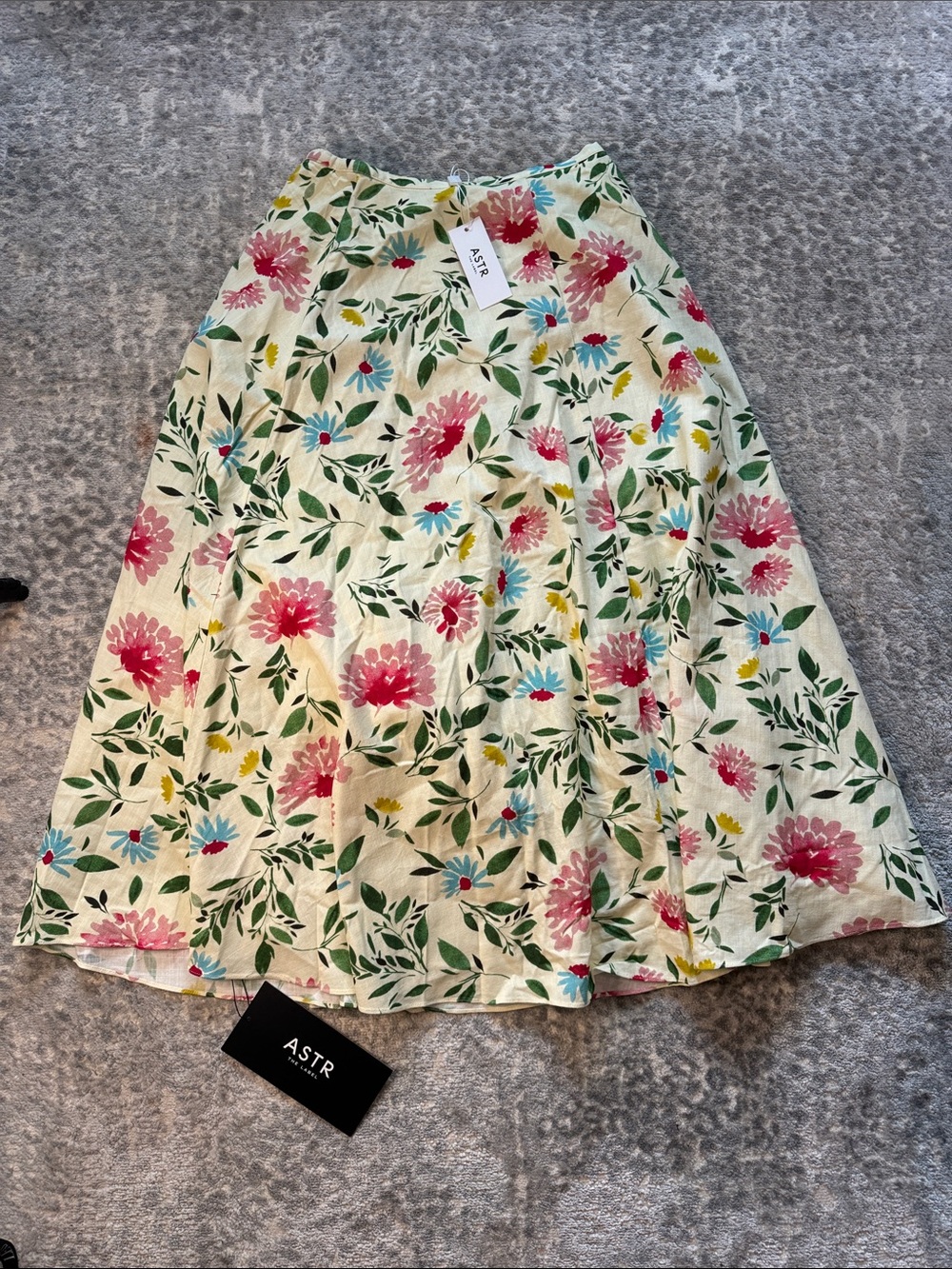 ASTR Cream A-Line Floral Midi Skirt with Pink, Blue & Yellow Blooms